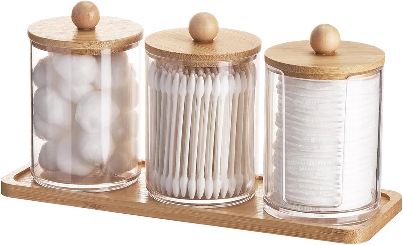 Tbestmax 10 oz Qtip Holder with Vanity Tray, 3 Pack Cotton Swab/Ball/Pad Dispenser Apothecary Jar, Clear Bathroom Containers Dispenser for Storage Bamboo Lids - Image 1